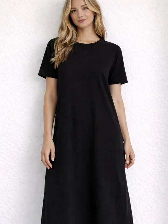Nordstrom Black T-Shirt Midi Dress Size Medium Minimalist Casual Stretch - Picture 1 of 7